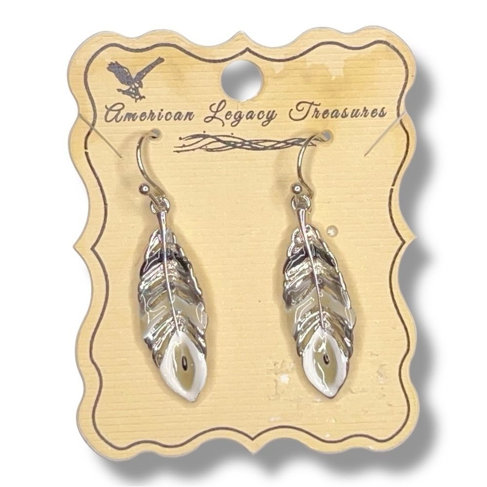 New Silver Feather Earrings White Grey Accent Dangle Style Tribal Boho Bohemian